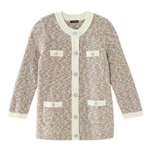 J. Jill Wearever Contrast Trimmed Knit Cardigan Jacket in Camel/Porcelain - M